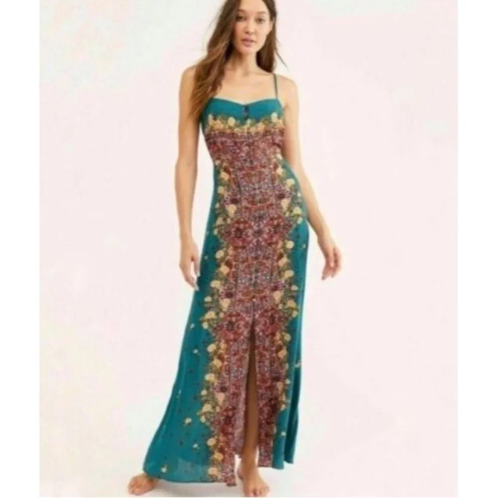 Free People Green Jade Combo BOHO Morning Song Maxi Dress Size Small - Picture 1 of 11